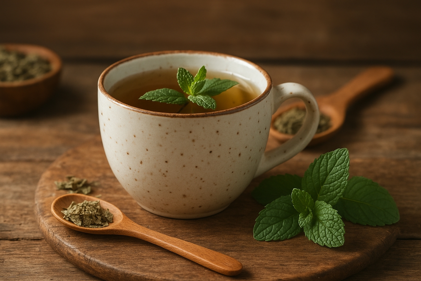 Xícara de chá de boldo com hortelã – chá que emagrece 1kg por dia, ideal para melhorar a digestão e eliminar toxinas.