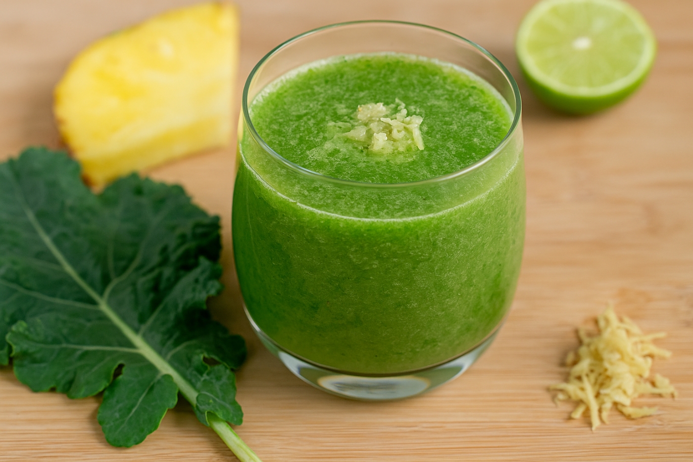 Suco detox para emagrecer com couve, abacaxi, gengibre e limão servido em copo transparente.
