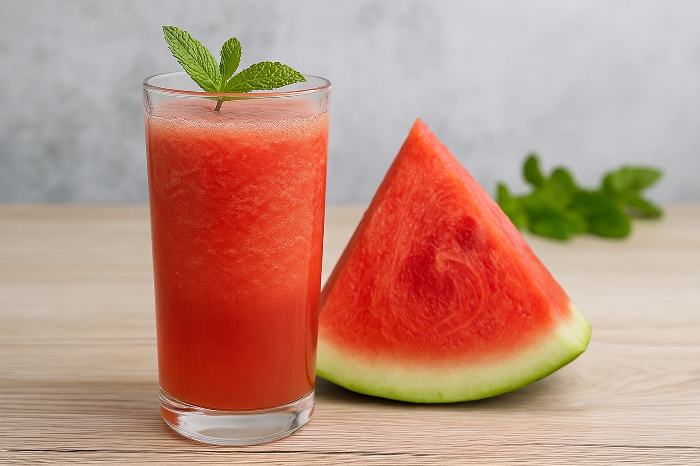 Suco detox de melancia com hortelã servido em copo alto, decorado com folhas frescas, ao lado de fatia de melancia sobre superfície de madeira.