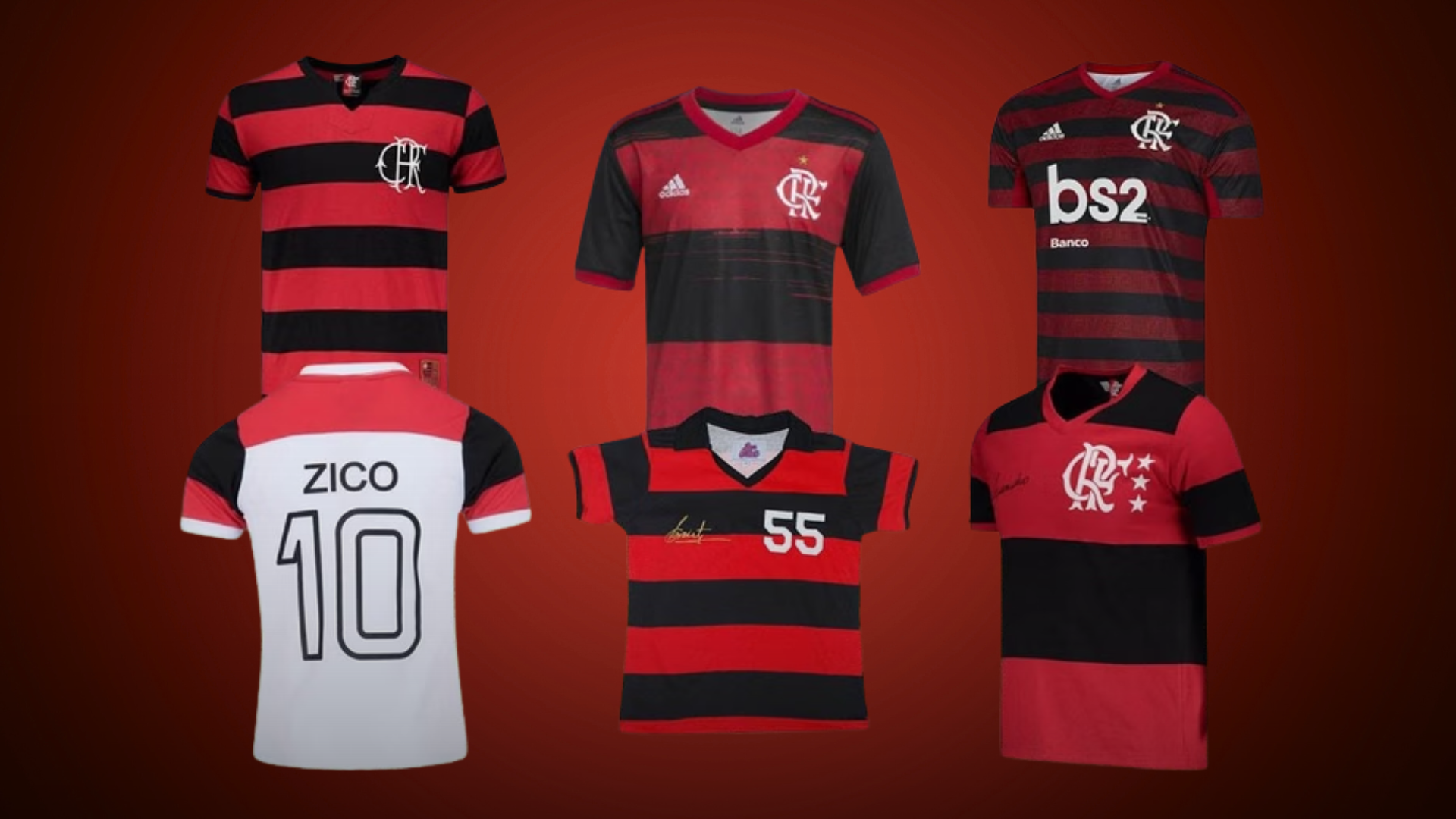 Montagem com diversas camisas oficiais do Flamengo de diferentes épocas