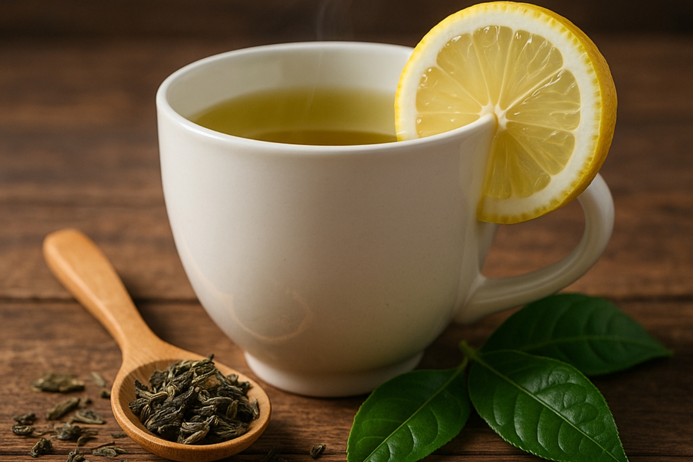 Xícara de chá verde com limão – chá que emagrece 1kg por dia, ideal para acelerar o metabolismo naturalmente.