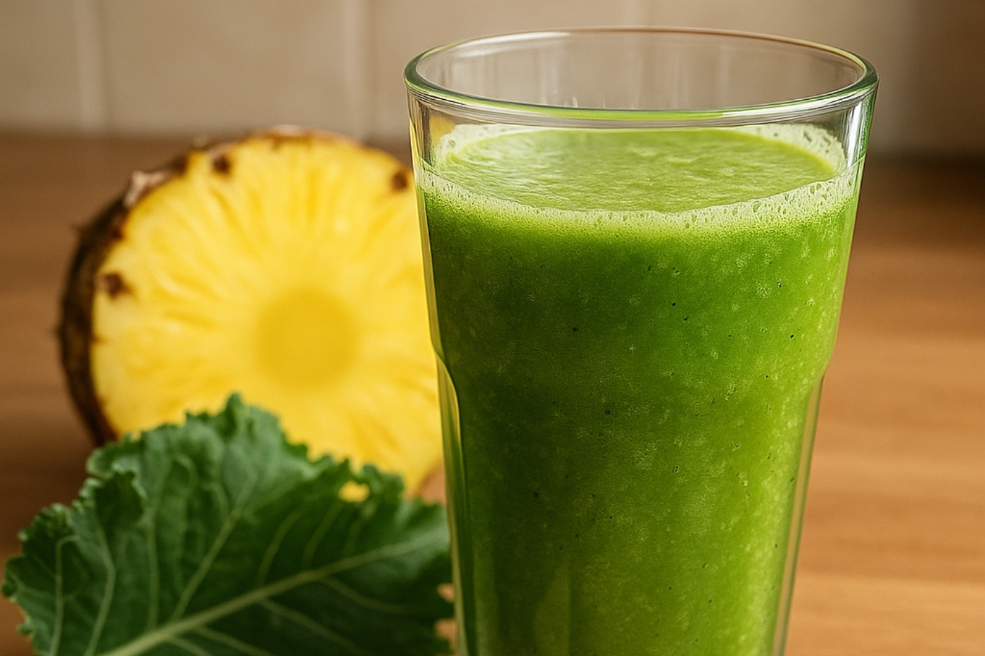 Copo de suco detox verde com couve, limão, gengibre e abacaxi sobre bancada de madeira clara.