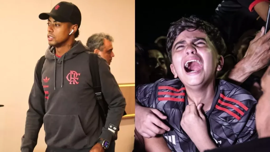 Emocionante: Bruno Henrique atende fã mirim em chegada do Flamengo a Recife para jogo contra o Sport