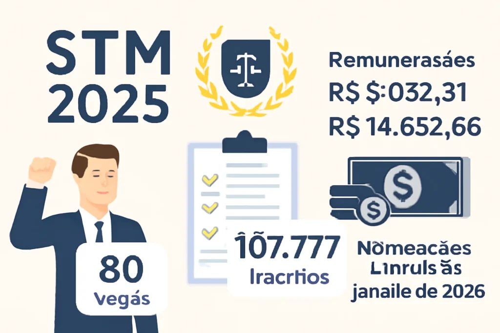 Concurso STM 2025: Resultado final com 80 vagas, 107.777 inscritos, remunerações de R$ 9.052,51 a R$ 14.852,66 e nomeações a partir de janeiro de 2026