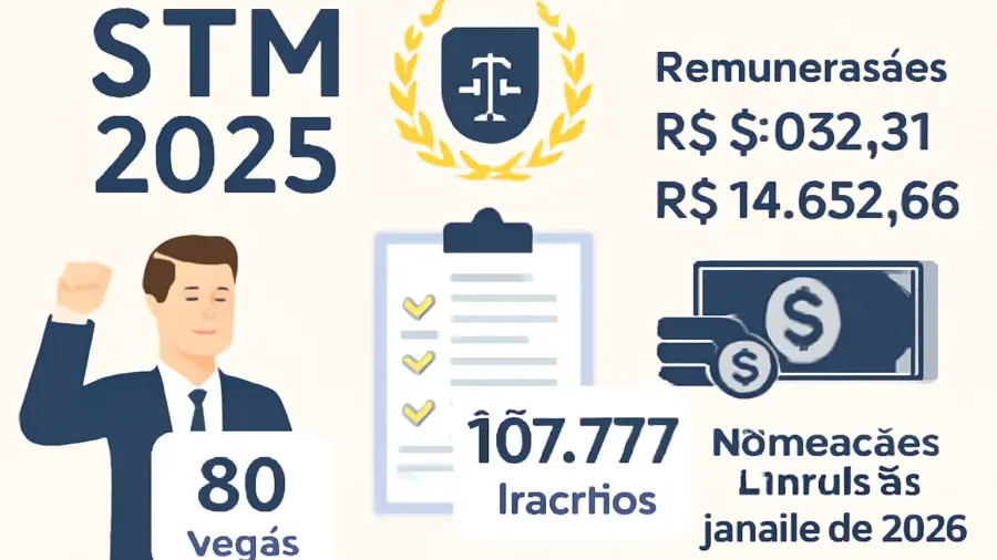 Concurso STM 2025: Resultado final com 80 vagas, 107.777 inscritos, remunerações de R$ 9.052,51 a R$ 14.852,66 e nomeações a partir de janeiro de 2026
