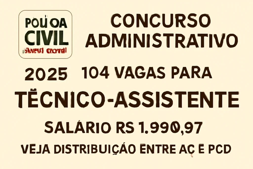Concurso PCMG Administrativo 2025: 104 vagas para Técnico-Assistente, salário R$ 1.990,97, veja distribuição entre AC e PcD