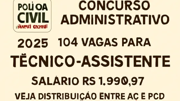 Concurso PCMG Administrativo 2025: 104 vagas para Técnico-Assistente, salário R$ 1.990,97, veja distribuição entre AC e PcD