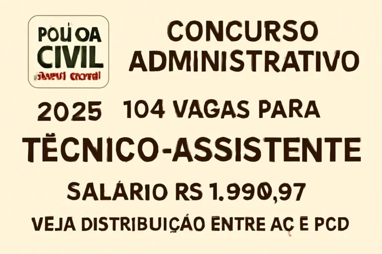 Concurso PCMG Administrativo 2025: 104 vagas para Técnico-Assistente, salário R$ 1.990,97, veja distribuição entre AC e PcD