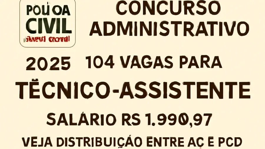 Concurso PCMG Administrativo 2025: 104 vagas para Técnico-Assistente, salário R$ 1.990,97, veja distribuição entre AC e PcD