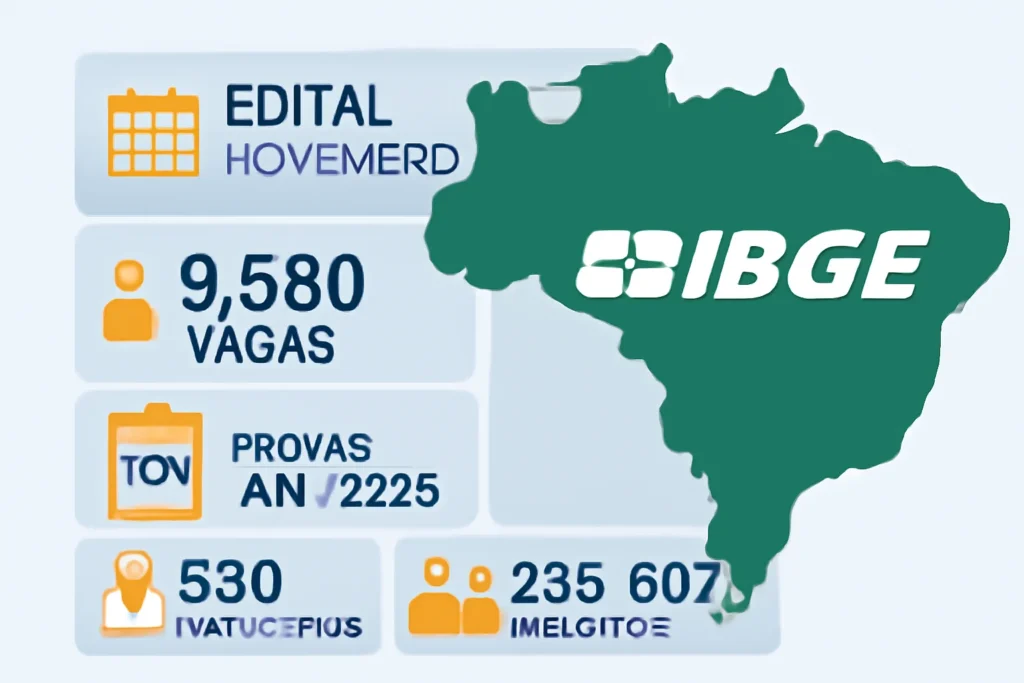 Concurso IBGE Temporários 2025: edital em novembro com 9.580 vagas, FGV como banca, provas em jan/2026, 530 municípios e estimativa de 235.602 inscritos