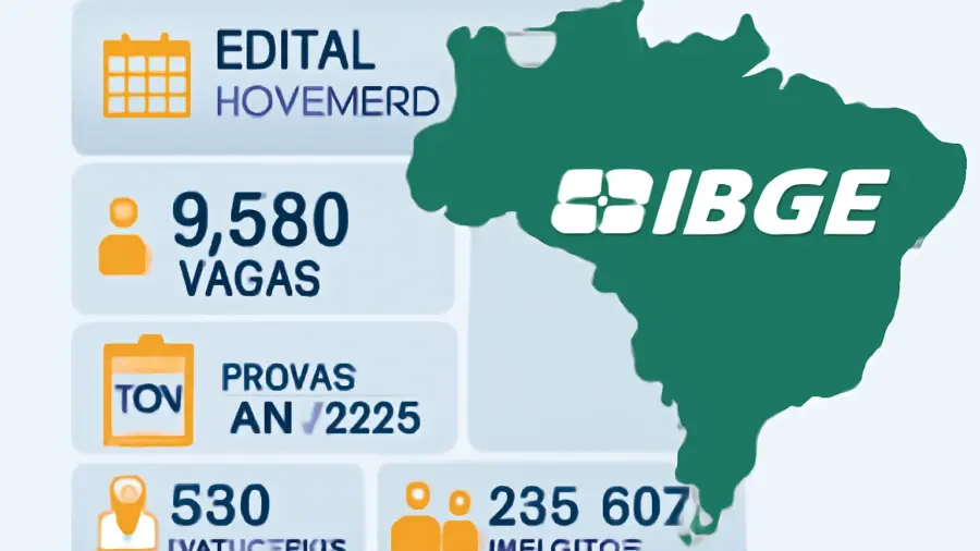 Concurso IBGE Temporários 2025: edital em novembro com 9.580 vagas, FGV como banca, provas em jan/2026, 530 municípios e estimativa de 235.602 inscritos