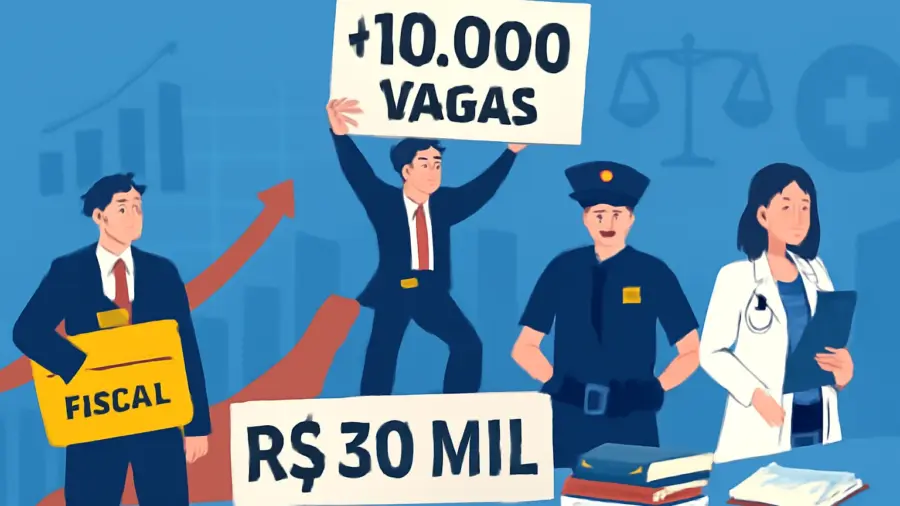 Concursos 2026: mais de 10 mil vagas previstas, editais em fiscal, tribunais, policiais e saúde, com salários de até R$ 30 mil, saiba como se preparar
