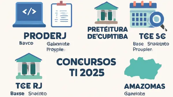 Concursos TI 2025: vagas e calendários em Proderj, Prefeitura de Curitiba, TCE SC, TCE RJ e Amazonas, com bancas, comissões e previstas