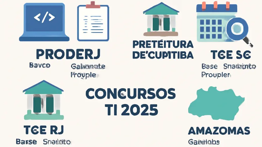 Concursos TI 2025: vagas e calendários em Proderj, Prefeitura de Curitiba, TCE SC, TCE RJ e Amazonas, com bancas, comissões e previstas