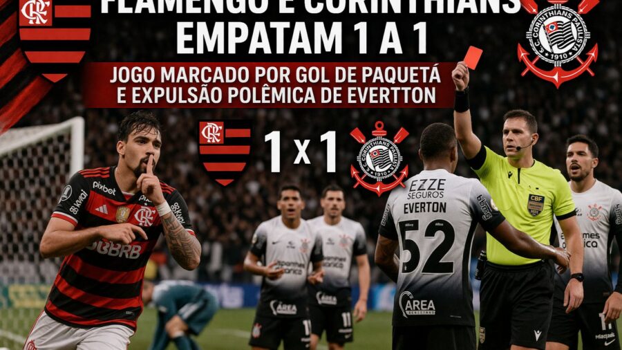 Flamengo e Corinthians empatam 1 a 1 em jogo marcado por gol de Paquetá e expulsão polêmica de Evertton