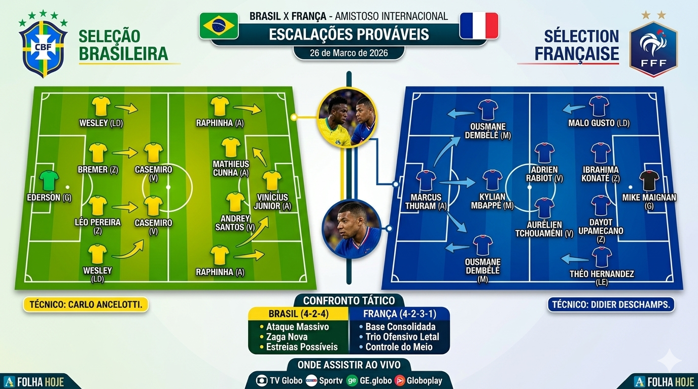 Vinicius Júnior da Seleção Brasileira e Kylian Mbappé da França em close detalhado durante amistoso internacional em março de 2026
