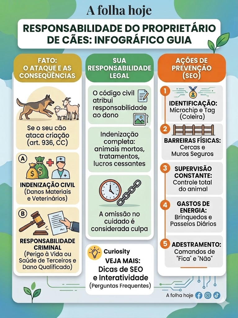 Guia visual da Folha Hoje explicando o Artigo 936 do Código Civil e medidas de prevenção contra ataques de cachorros a animais de criação, como ovelhas e cabras.