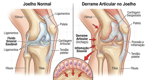 magem dividida em duas partes, mostrando um joelho normal e um joelho com derrame articular, para fins educacionais.
