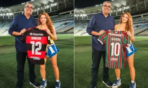 Shakira visita Maracanã, posa com camisas de Flamengo e Fluminense e aumenta expectativa de torcedores para o clássico Flamengo x Vasco no domingo