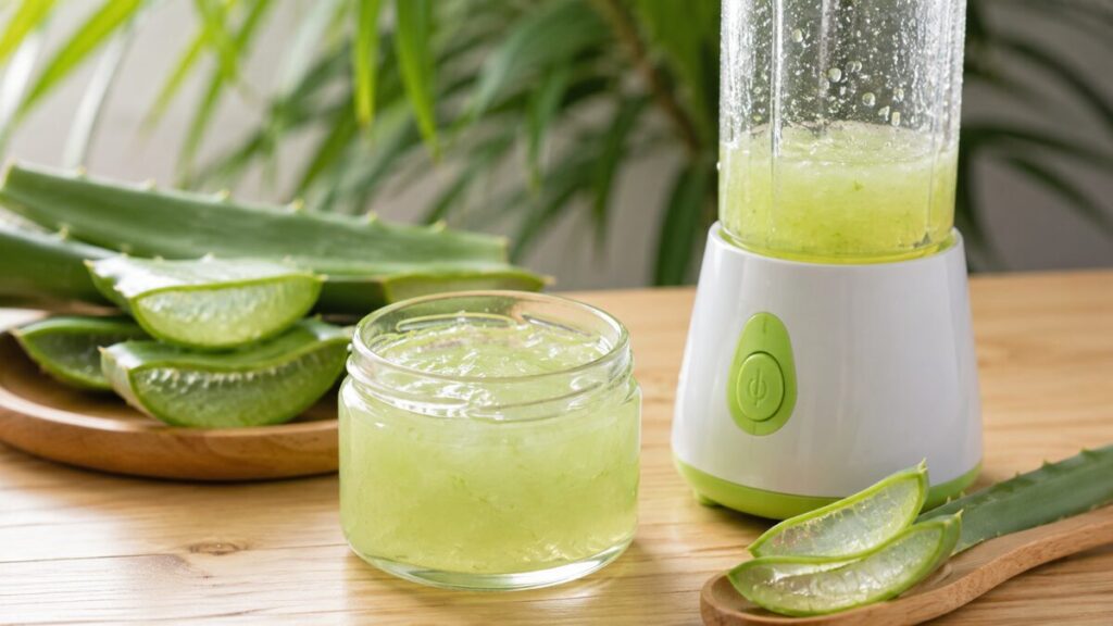 Gel de babosa batido em pote de vidro pronto para aplicação no cabelo