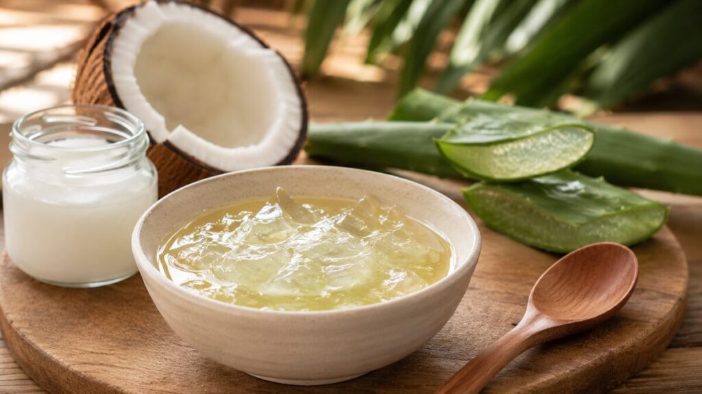 Mistura de gel de babosa com óleo de coco para fortalecimento capilar