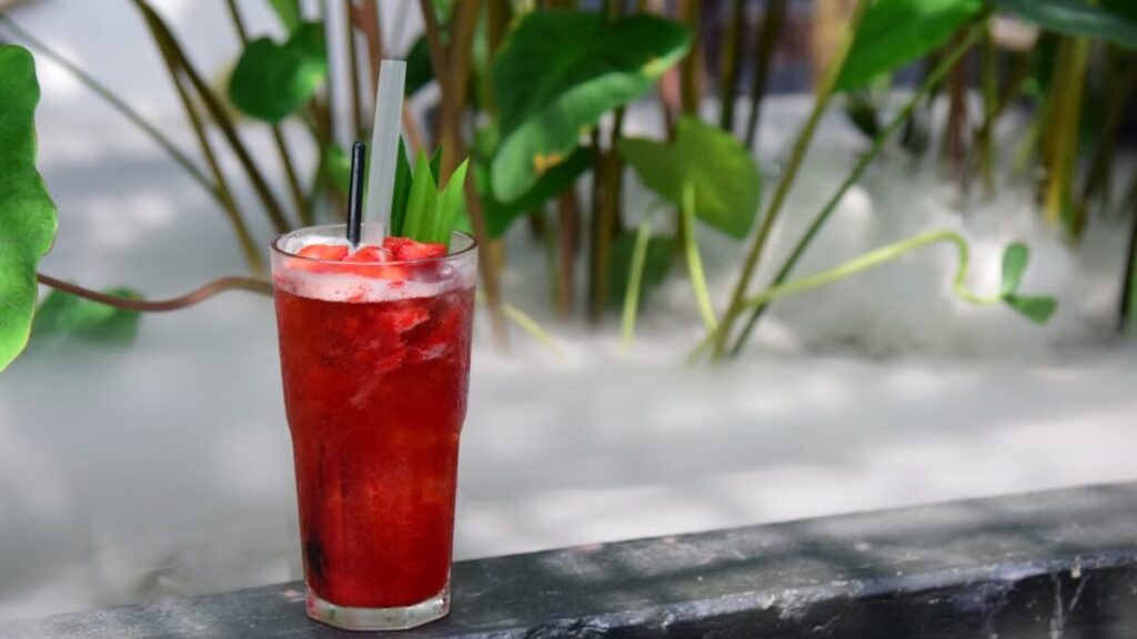 Copo de suco vermelho com guarnição de fatia cítrica de morango