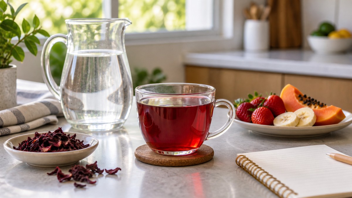 Xícara de chá de hibisco com água e frutas frescas em uma cozinha iluminada